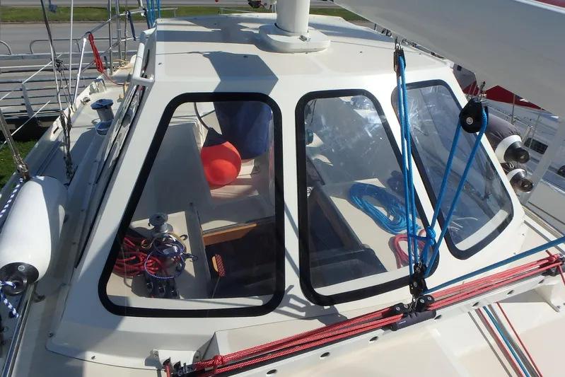 Si J'avais Su Yacht Photos Pics Cockpit of 2017 Custom Gilbert Caroff Lex Eterna 47 sailboat with ropes and equipment.