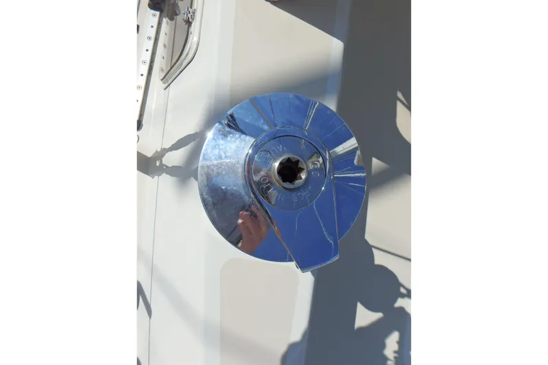 Si J'avais Su Yacht Photos Pics Close-up of a shiny metal winch on a 2017 Gilbert Caroff Lex Eterna 47 sailboat.