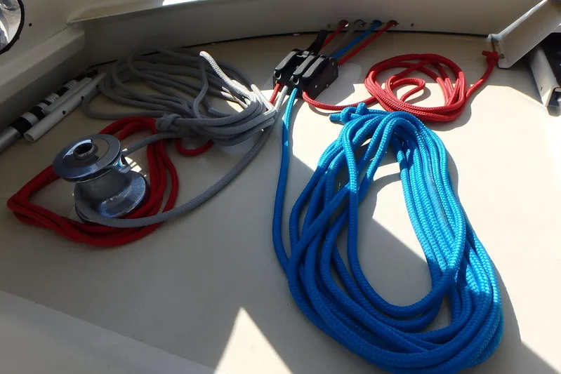 Si J'avais Su Yacht Photos Pics Colorful ropes and winch on 2017 Custom Gilbert Caroff Lex Eterna 47 sailboat deck.