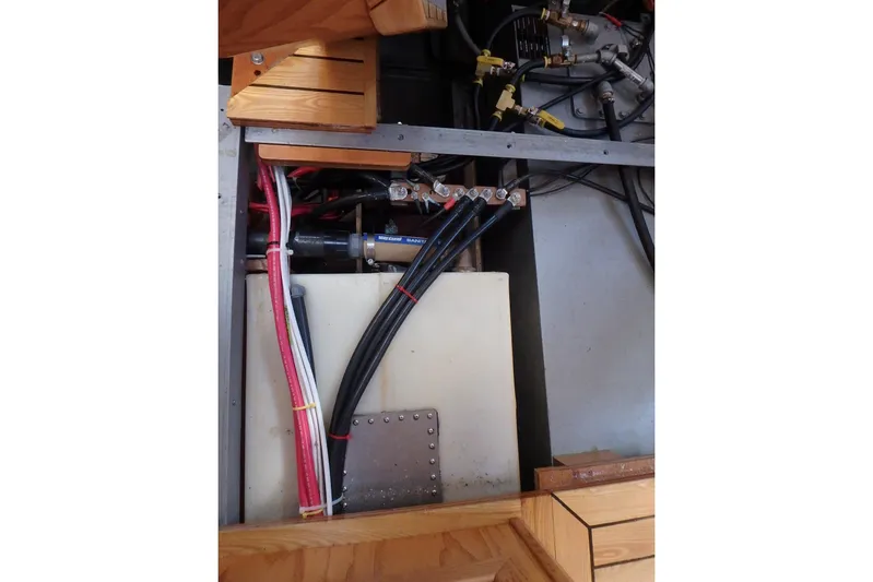 Si J'avais Su Yacht Photos Pics Engine compartment of 2017 Custom Gilbert Caroff Lex Eterna 47 with visible wiring and components.