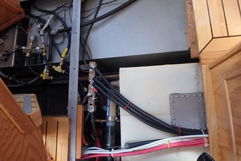 Si J'avais Su Yacht Photos Pics Engine compartment of 2017 Custom Gilbert Caroff Lex Eterna 47 with visible wiring and components.