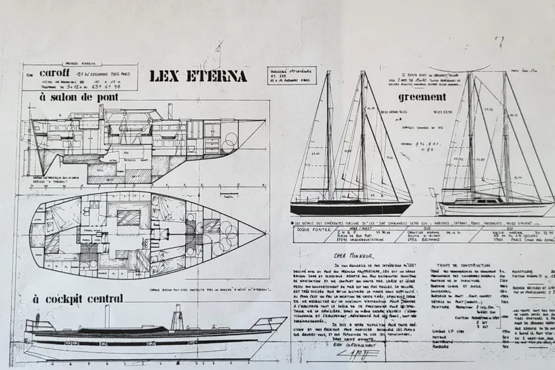 Si J'avais Su Yacht Photos Pics Blueprint of 2017 Custom Gilbert Caroff Lex Eterna 47 sailboat design, featuring detailed schematics.