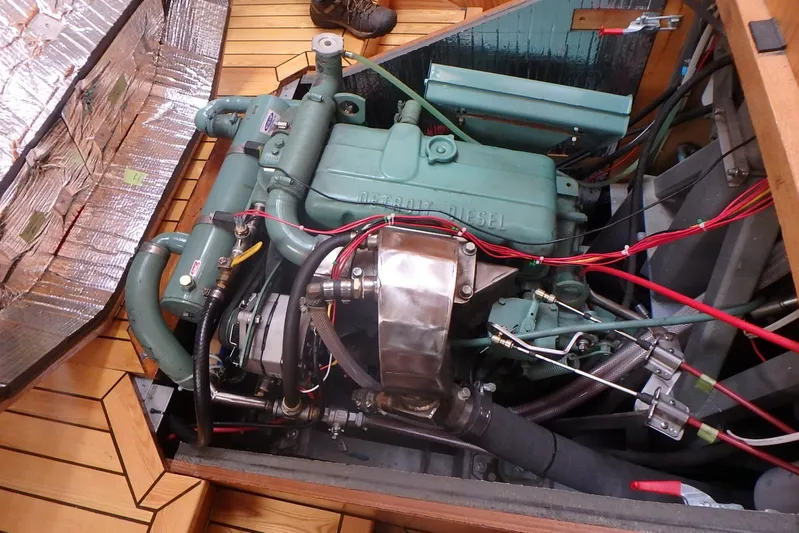 Si J'avais Su Yacht Photos Pics Engine compartment of 2017 Custom Gilbert Caroff Lex Eterna 47 sailboat, showcasing diesel engine.