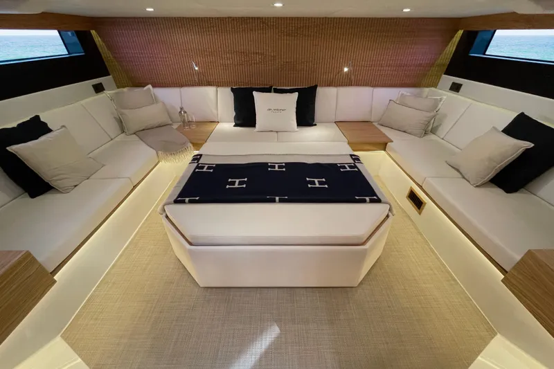  Yacht Photos Pics Luxurious interior of 2024 De Antonio Yachts D50, featuring elegant seating and modern design.