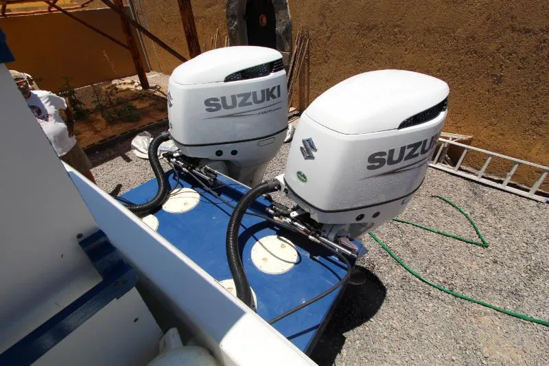  Yacht Photos Pics Twin Suzuki outboard engines on a 2022 Grady-White Canyon 336 boat.