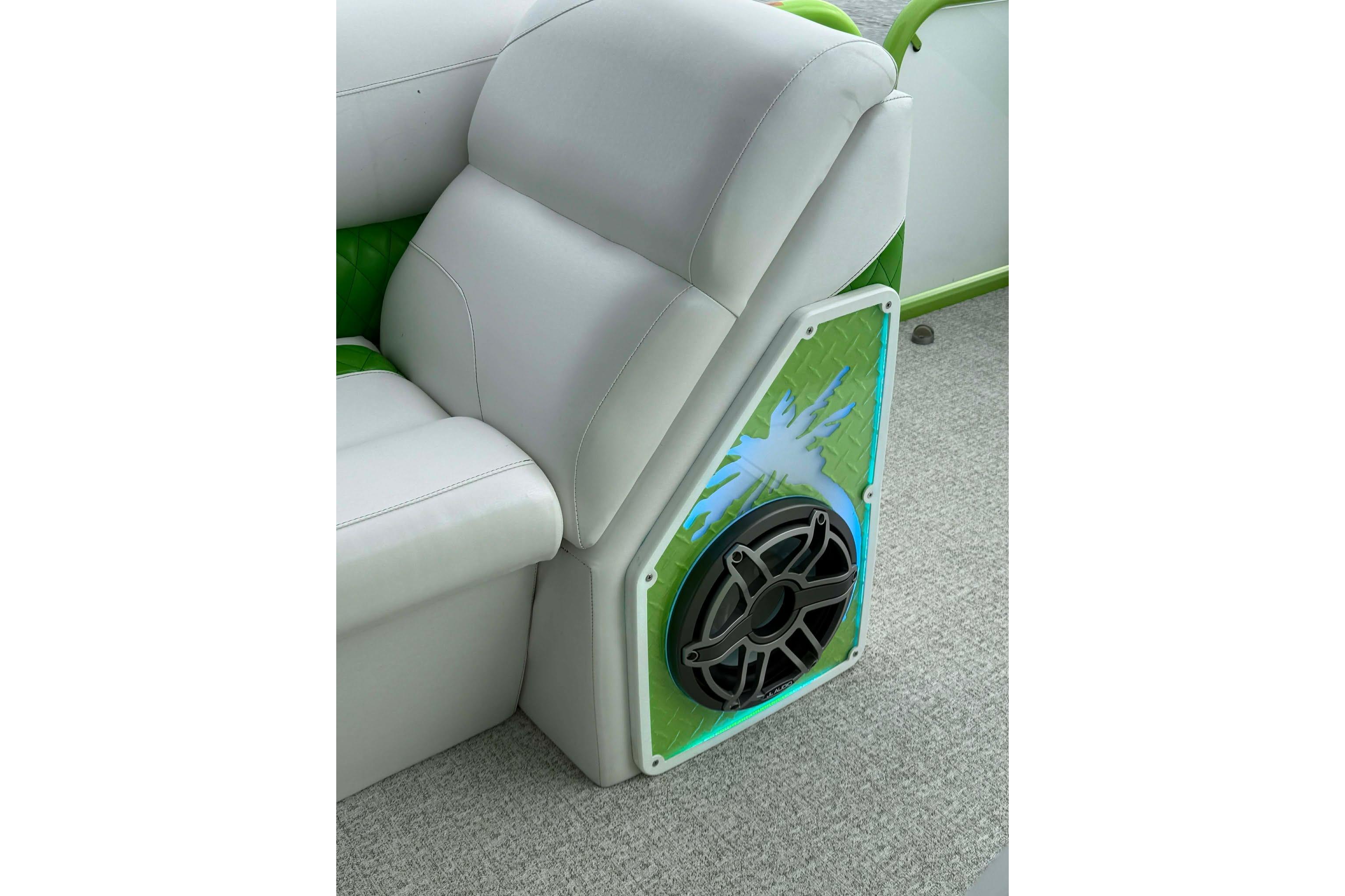 Luxurious seating with integrated speaker on 2026 Aloha Pontoon 300 boat.
