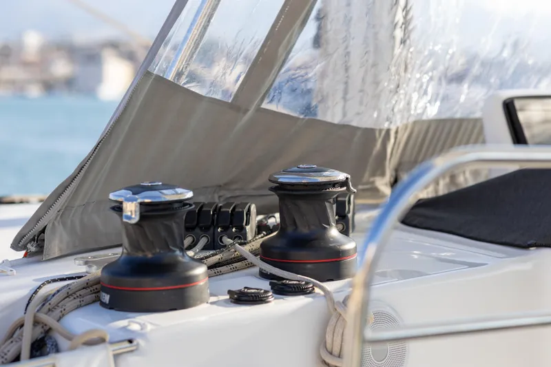 Aura Yacht Photos Pics Close-up of 2024 Lagoon 46 yacht winches and ropes on deck.