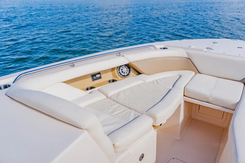  Yacht Photos Pics 2013 Grady-White Freedom 335 boat interior with luxurious seating and ocean view.