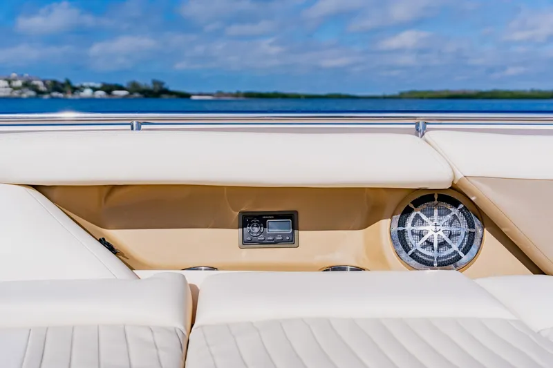  Yacht Photos Pics 2013 Grady-White Freedom 335 boat interior with speaker and control panel, ocean view.