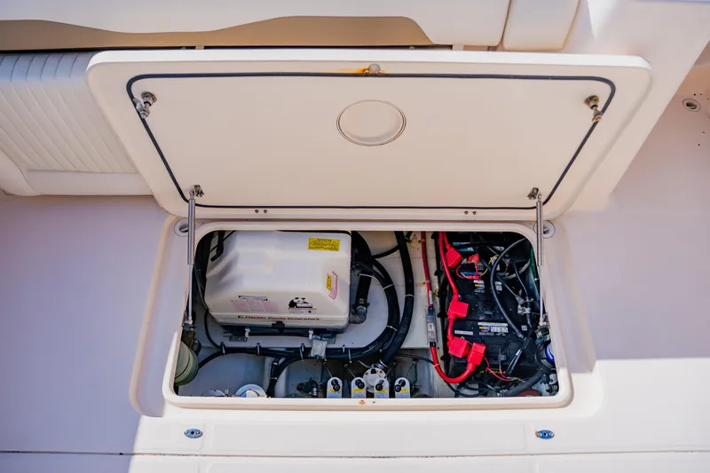  Yacht Photos Pics 2013 Grady-White Freedom 335 boat engine compartment with wiring and components.