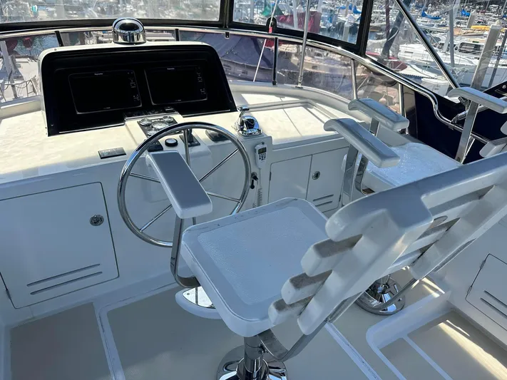  Yacht Photos Pics Cockpit of 2014 Selene EUROPA TRAWLER with steering wheel and dual seats.