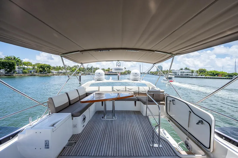  Yacht Photos Pics Spacious deck of 2014 Prestige 550 yacht with seating and scenic water view.