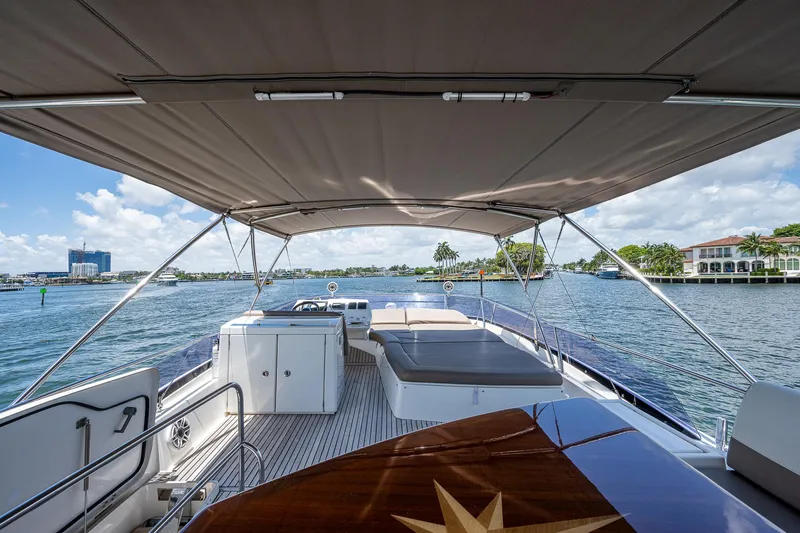  Yacht Photos Pics Luxury 2014 Prestige 550 yacht deck with canopy, overlooking serene waterfront views.