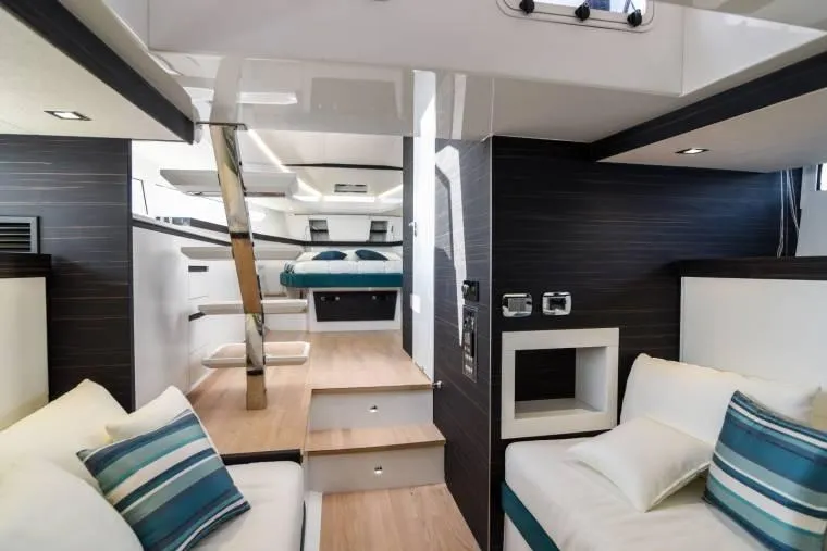  Yacht Photos Pics Luxurious interior of 2024 Fiart Seawalker 39 yacht with modern design and comfortable seating.