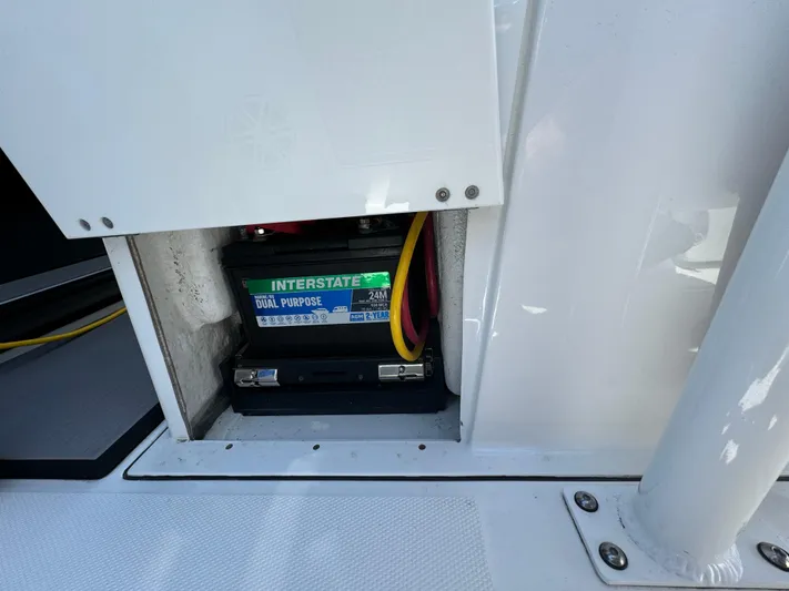  Yacht Photos Pics 2024 Blackfin 332 CC boat battery compartment with Interstate dual-purpose battery.