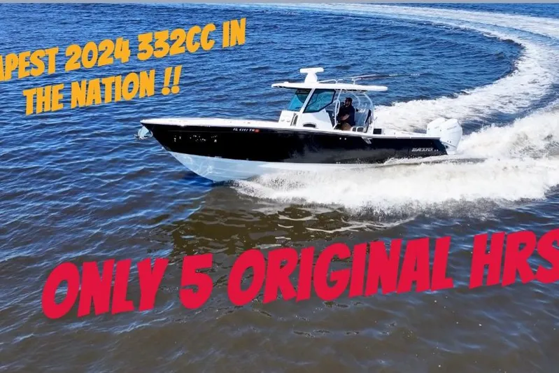  Yacht Photos Pics 2024 Blackfin 332 CC boat cruising on water, promotional text overlay.