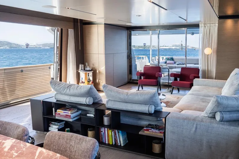 Queen J III Yacht Photos Pics Luxurious interior of 2024 Custom Line Navetta 33 yacht with ocean view.