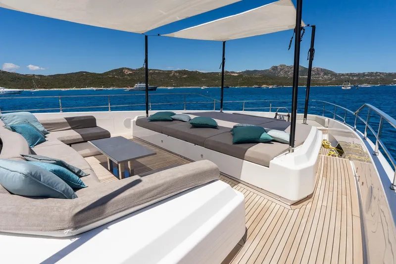Queen J III Yacht Photos Pics Luxurious 2024 Custom Line Navetta 33 yacht deck with elegant seating and ocean view.