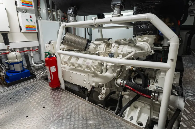 Queen J III Yacht Photos Pics Engine room of 2024 Custom Line Navetta 33 yacht, featuring advanced machinery and safety equipment.