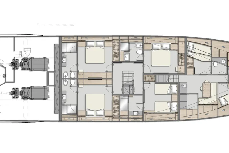 Queen J III Yacht Photos Pics Floor plan of 2024 Custom Line Navetta 33 yacht, showcasing cabins and engine room layout.