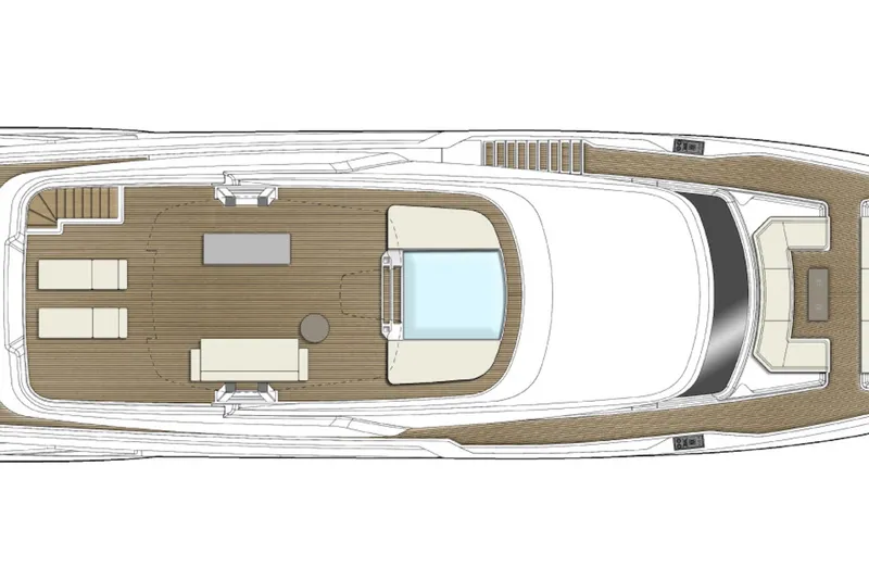 Queen J III Yacht Photos Pics Top view layout of 2024 Custom Line Navetta 33 yacht, featuring spacious deck design.