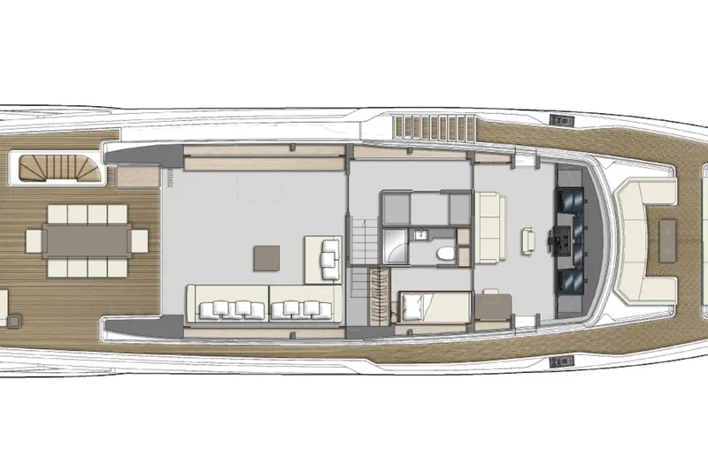Queen J III Yacht Photos Pics Deck layout of 2024 Custom Line Navetta 33 yacht, featuring spacious living and dining areas.