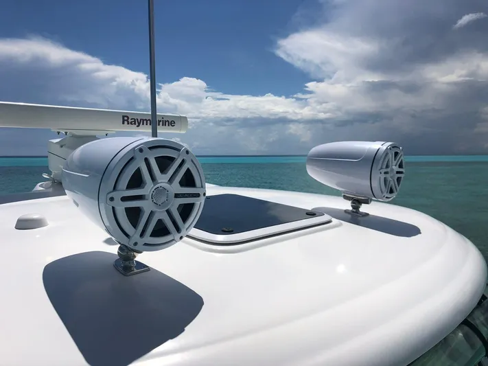  Yacht Photos Pics Close-up of 2006 Sea Ray Sundancer boat speakers with ocean backdrop.