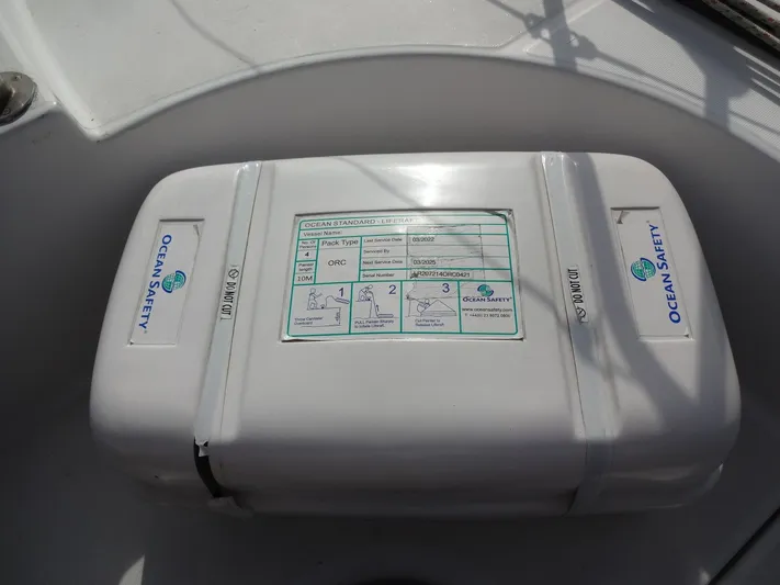 Cajun Moon Yacht Photos Pics Ocean Safety liferaft on Lagoon 410, year 2003.