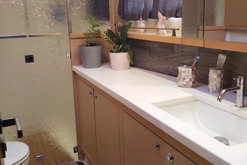 Bear, De Yacht Photos Pics Modern bathroom on 2011 Lagoon 450 yacht with plants and sleek fixtures.