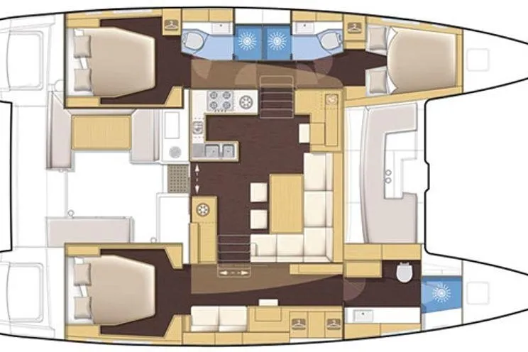 Bear, De Yacht Photos Pics Floor plan of a 2011 Lagoon 450 catamaran, featuring cabins, bathrooms, and a central living area.
