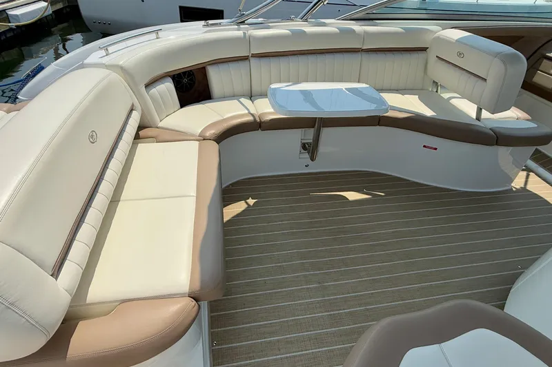  Yacht Photos Pics Luxurious seating area on a 2012 Cobalt 323 boat with elegant upholstery.