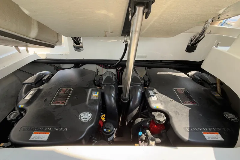  Yacht Photos Pics Engine compartment of a 2012 Cobalt 323 boat with dual Volvo Penta engines.