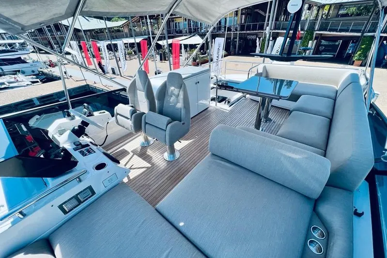  Yacht Photos Pics Luxurious 2023 Azimut S7 yacht interior with modern seating and sleek design.
