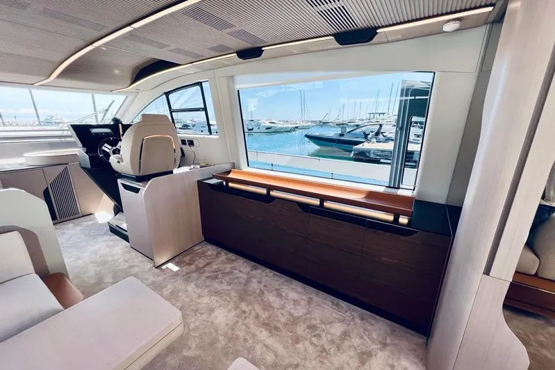  Yacht Photos Pics Luxurious interior of 2023 Azimut S7 yacht with modern design and marina view.