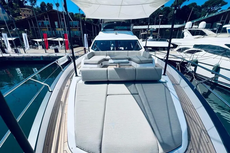  Yacht Photos Pics Luxurious 2023 Azimut S7 yacht with spacious sun deck and elegant seating area.