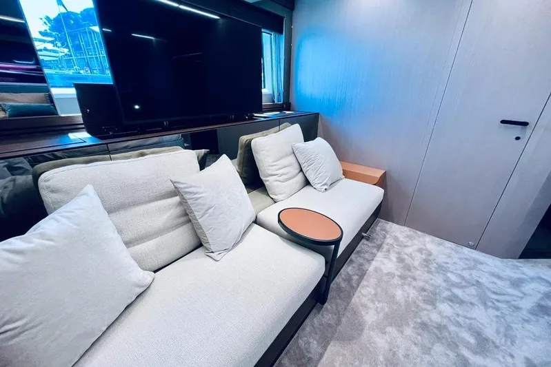  Yacht Photos Pics Luxurious interior of 2023 Azimut S7 yacht with plush seating and modern decor.