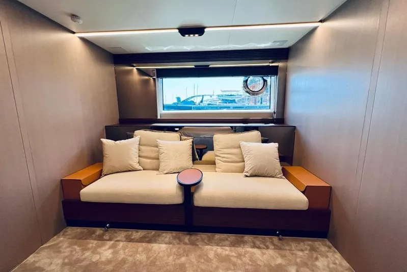  Yacht Photos Pics Luxurious interior of 2023 Azimut S7 yacht with plush seating and elegant decor.