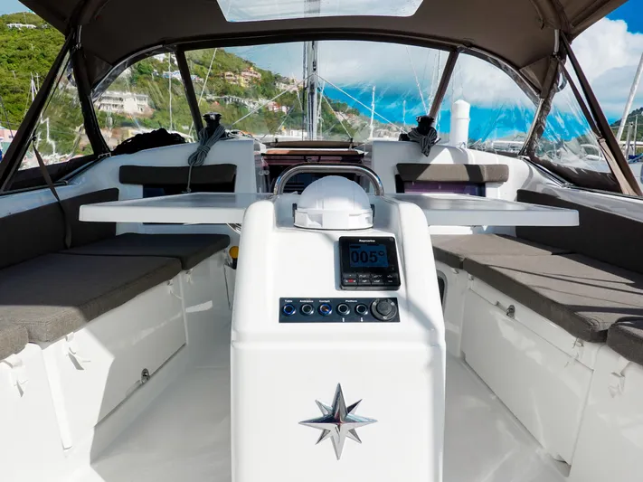 Easy Skanking Yacht Photos Pics 2024 Jeanneau Sun Odyssey 410 cockpit with modern navigation equipment and comfortable seating.