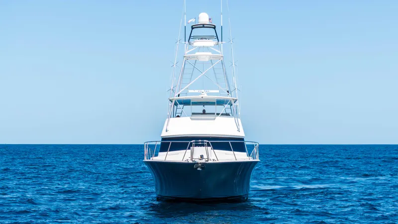 Santana Yacht Photos Pics 2003 Viking 65 Convertible yacht on open sea, front view.