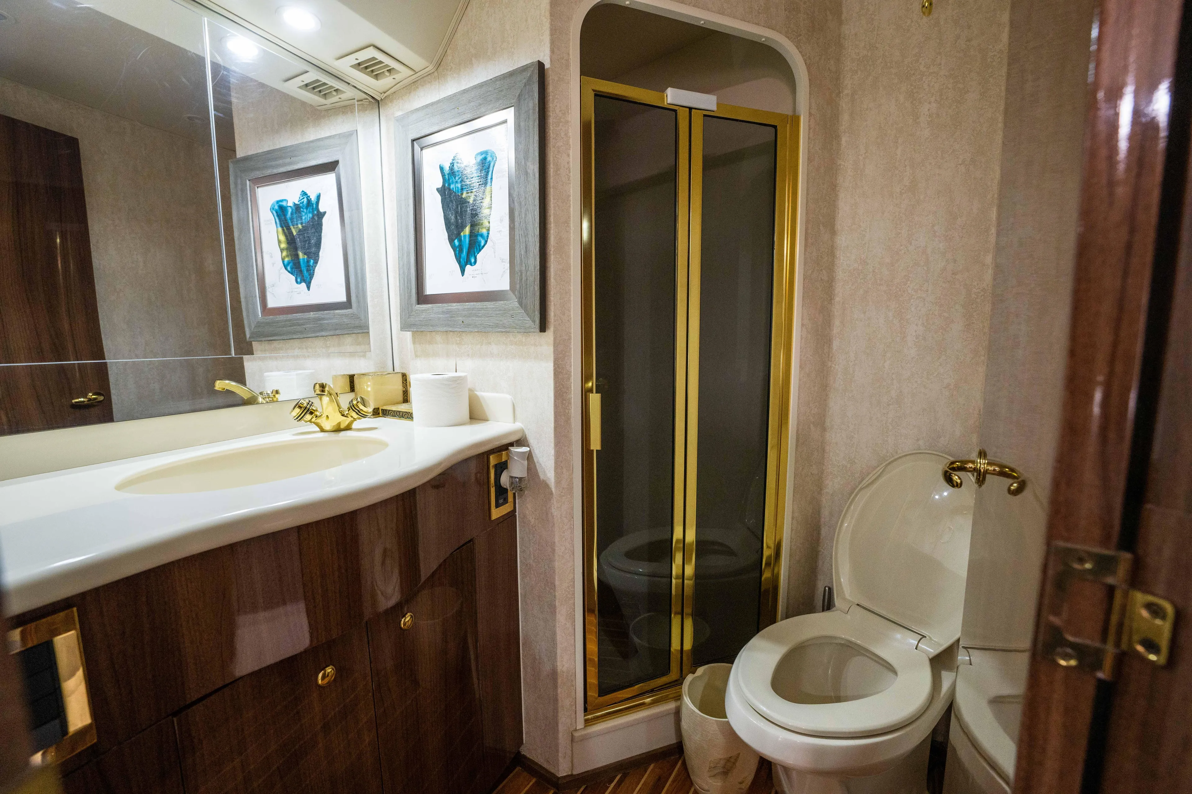 Santana Yacht Photos Pics Luxurious bathroom in 2003 Viking 65 Convertible yacht with gold accents and modern decor.