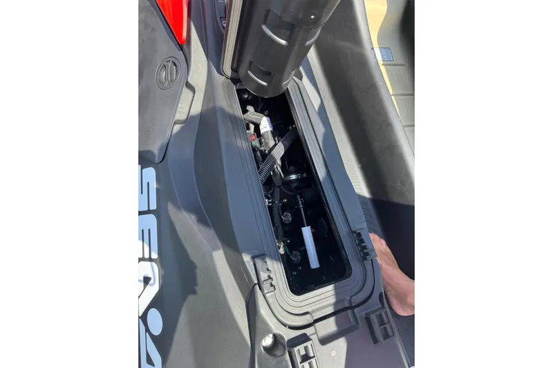  Yacht Photos Pics Open engine compartment of a 2025 De Antonio Yachts D50, showcasing internal components.