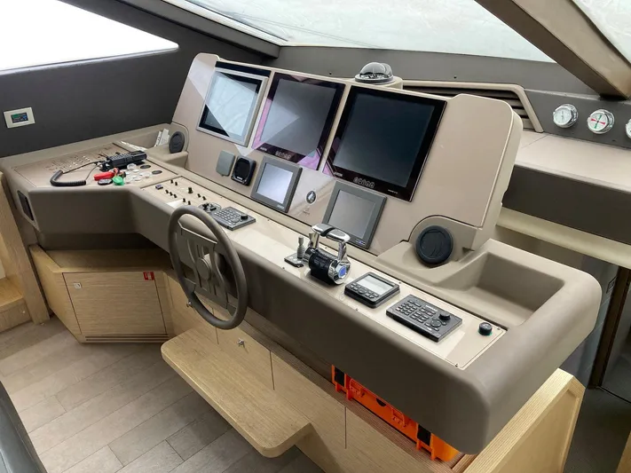 4771 Yacht Photos Pics Control panel of a 2013 Ferretti Yachts Ferretti 720 with multiple screens and navigation equipment.