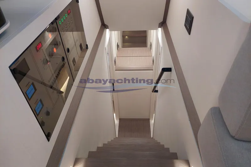  Yacht Photos Pics Interior view of 2024 Pardo Endurance 72 yacht, featuring modern staircase and control panels.