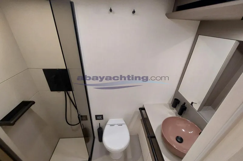  Yacht Photos Pics Modern bathroom interior of 2024 Pardo Endurance 72 yacht with sleek fixtures.
