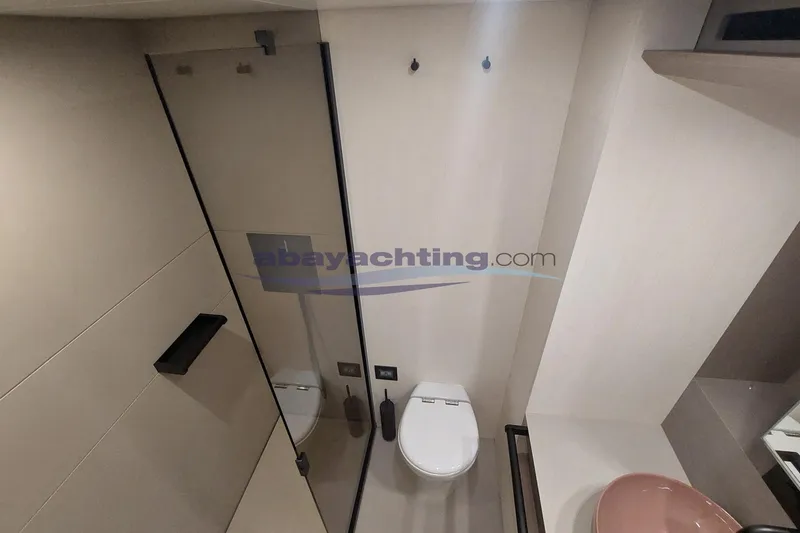  Yacht Photos Pics Modern bathroom interior of 2024 Pardo Endurance 72 yacht, featuring sleek design elements.