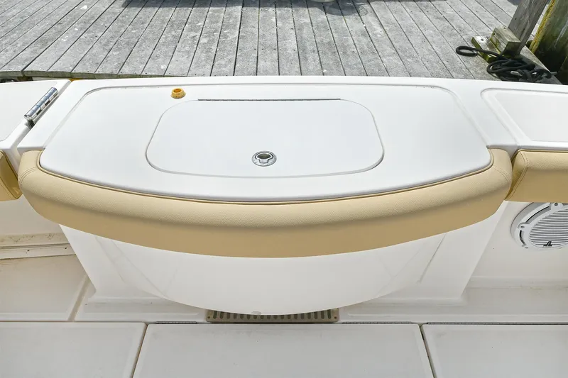 Lady A Yacht Photos Pics Tiara Yachts 39 Convertible 2017, deck view with cushioned seating and storage compartment.