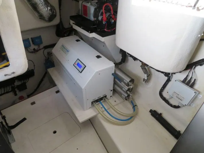  Yacht Photos Pics Engine room of 2018 Moody 54 DS yacht with technical equipment and wiring.