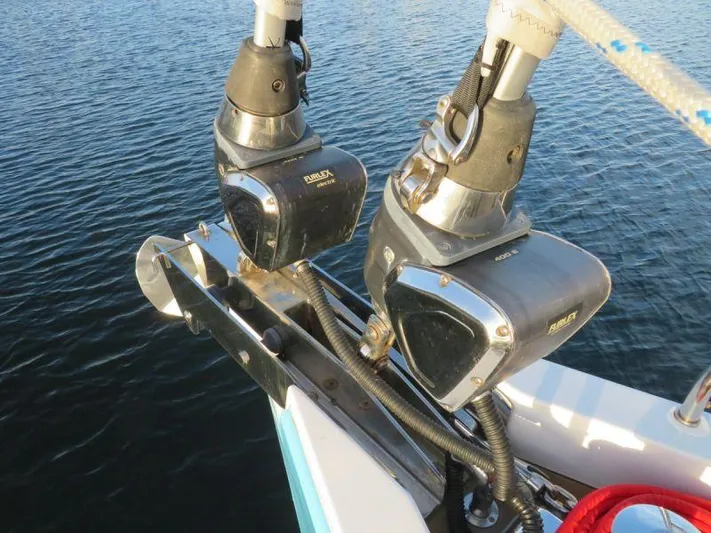  Yacht Photos Pics Moody 54 DS 2018 sailboat winches on deck, close-up view.