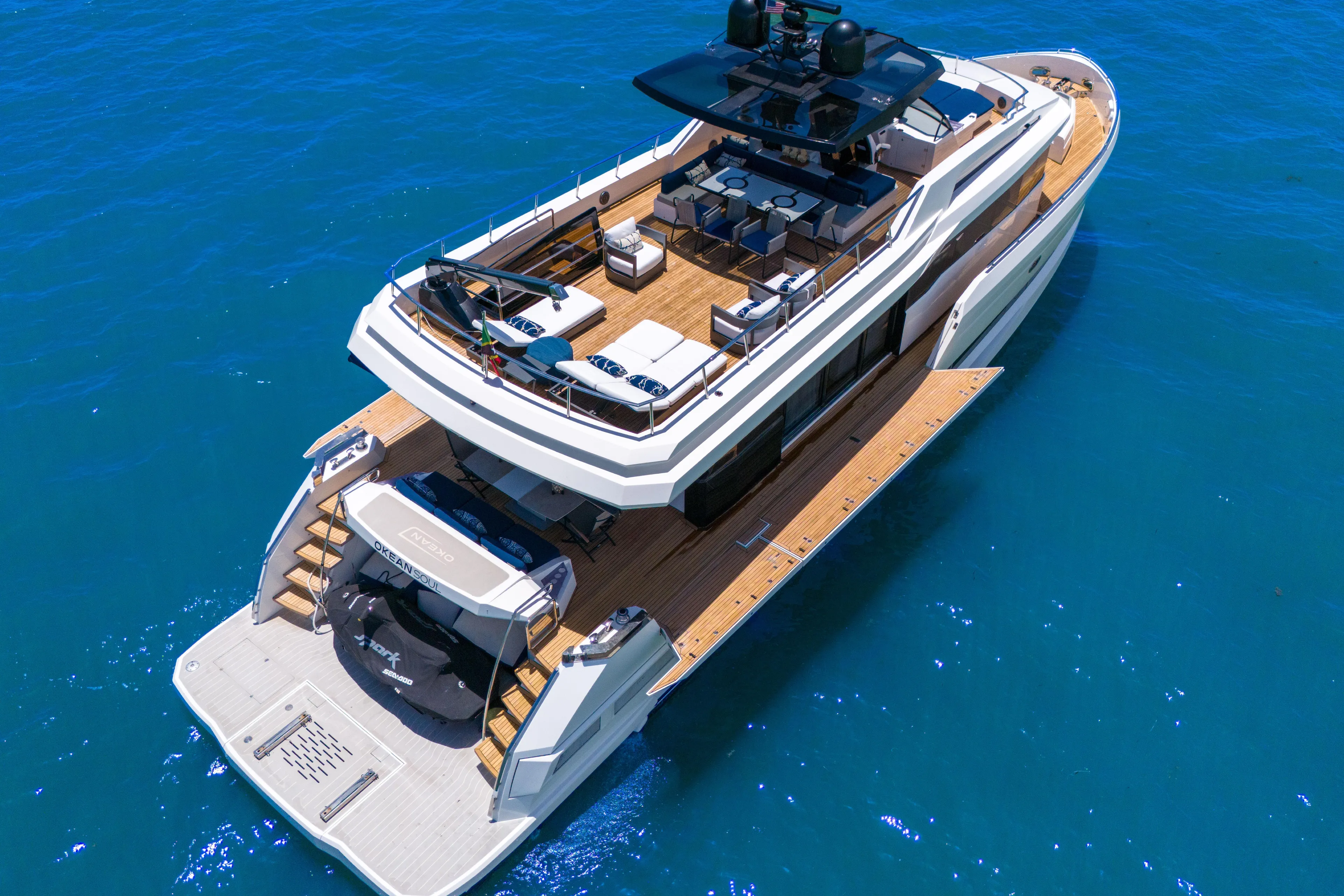  Yacht Photos Pics Luxury 2021 OKEAN 80 yacht on blue ocean waters, aerial view.