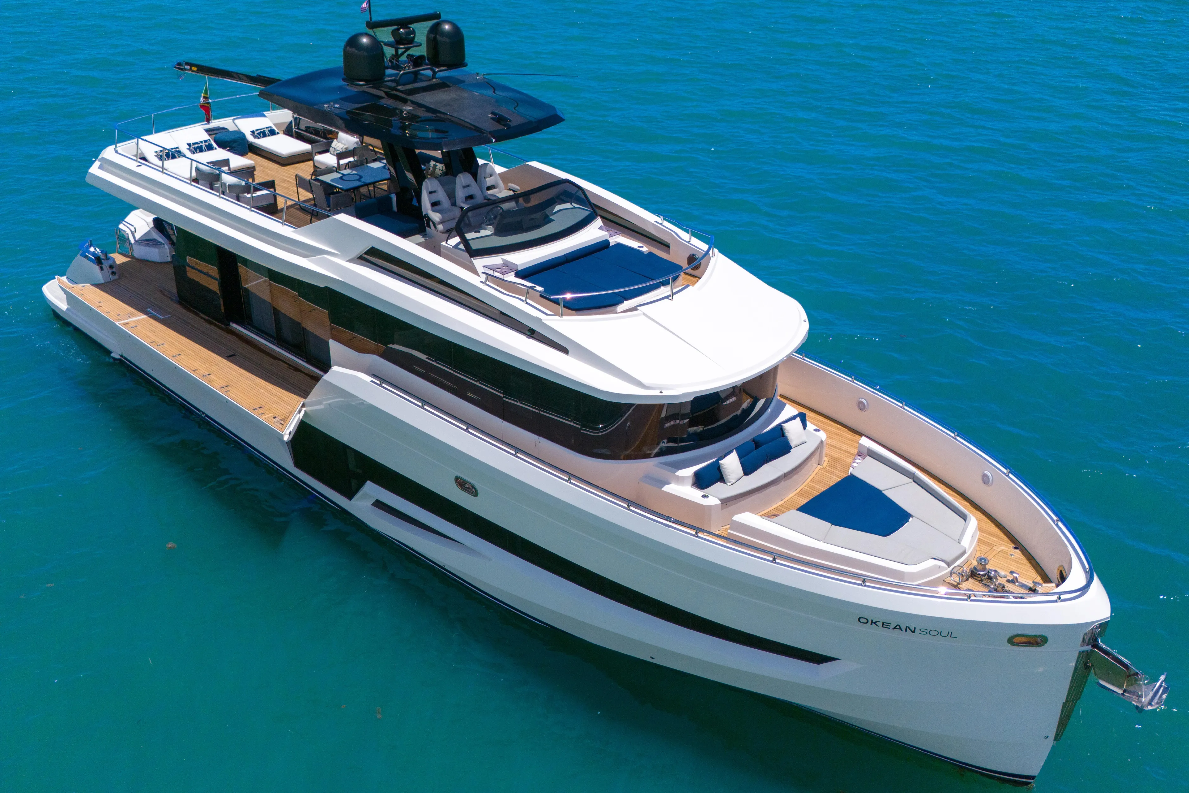  Yacht Photos Pics Luxury 2021 OKEAN 80 yacht cruising on clear blue water.